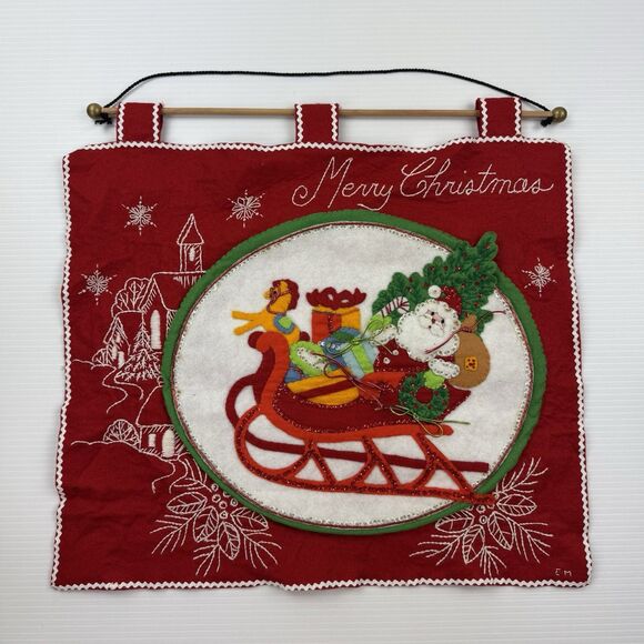 Vintage Handmade Felt Santa Sleigh Wall Hanging Christmas Decor Sequins - Picture 10 of 10
